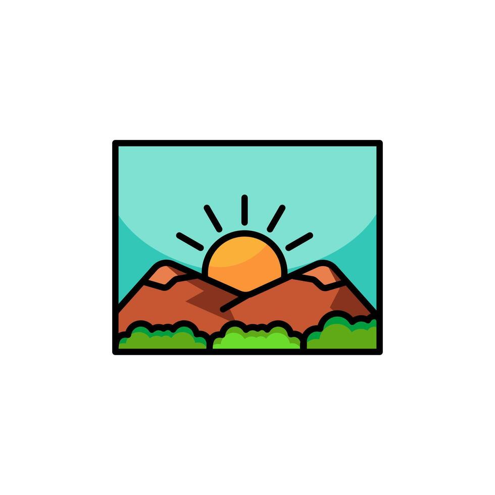 Berg Landschaft Symbol Logo mit Sonne. rechteckig abstrakt Symbol von Sonnenuntergang oder Sonnenaufgang. einfach Vektor Emblem, isoliert auf Weiß Hintergrund.