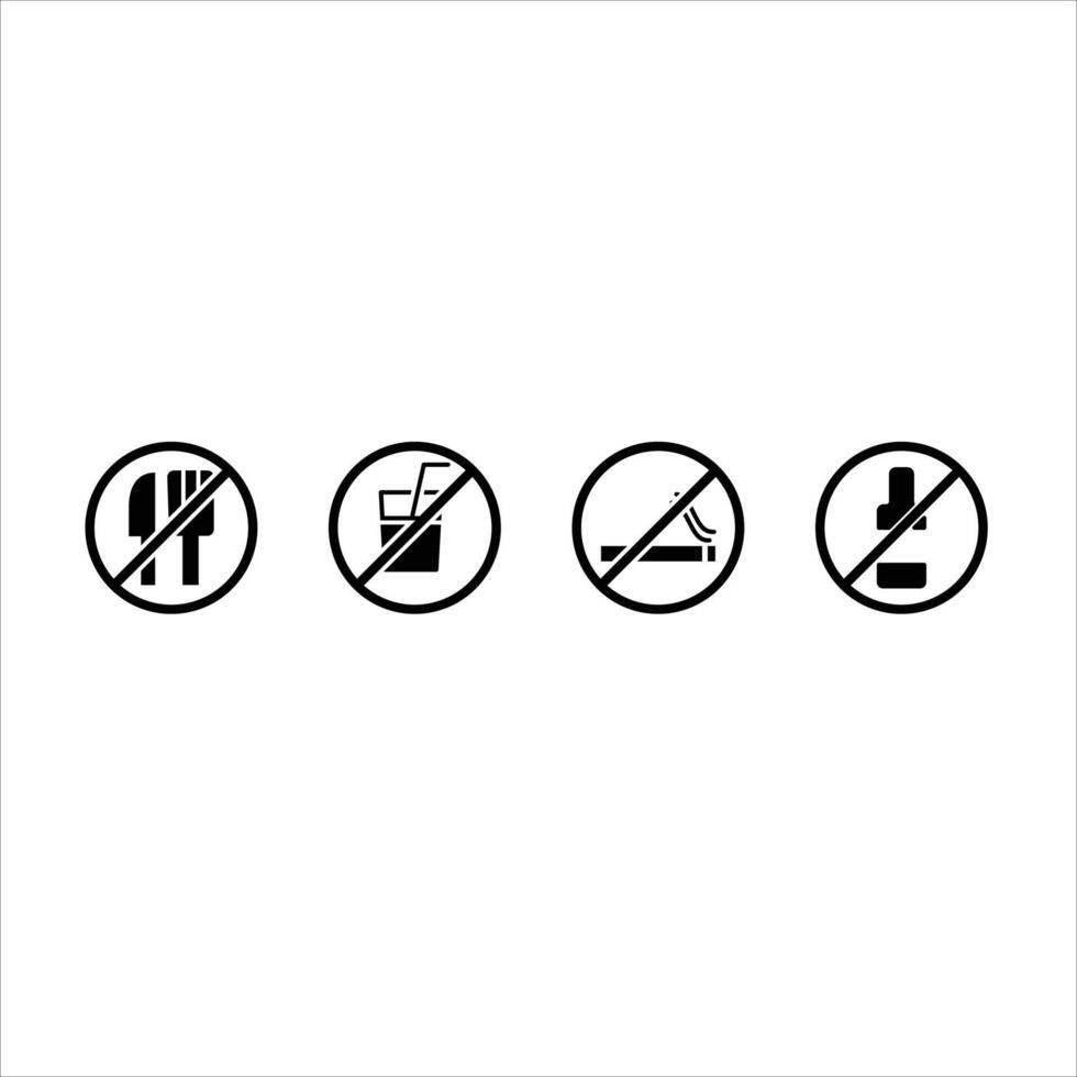 Nej äter, Nej rökning och dricka tecken vektor ikoner, isolerat vit bakgrund.