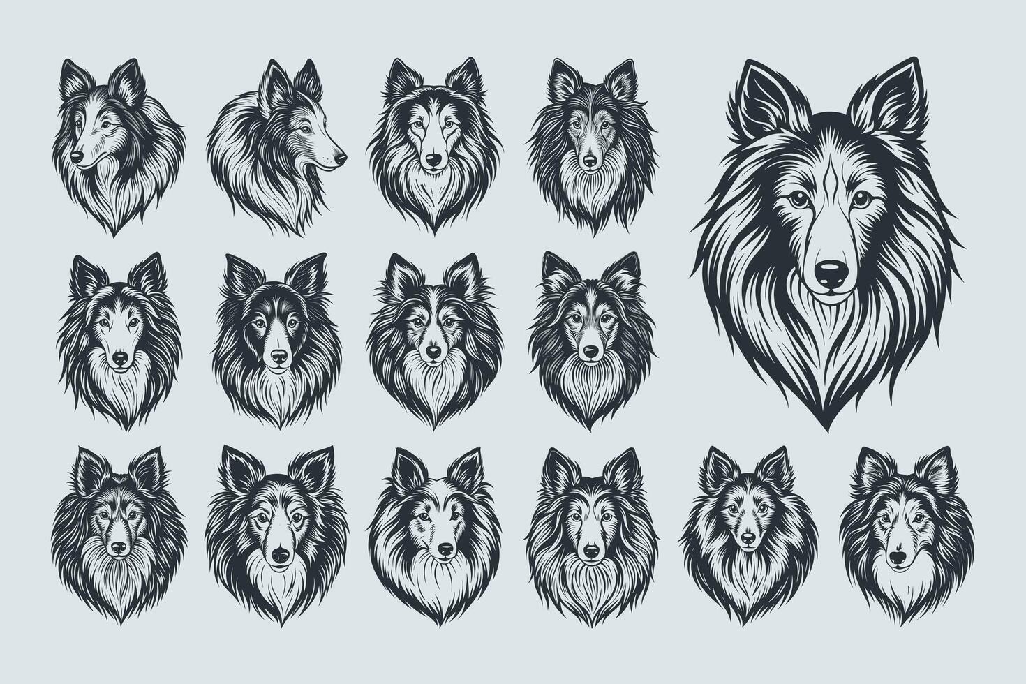 ai genererad sheltie hund ansikte silhuett illustration design uppsättning vektor