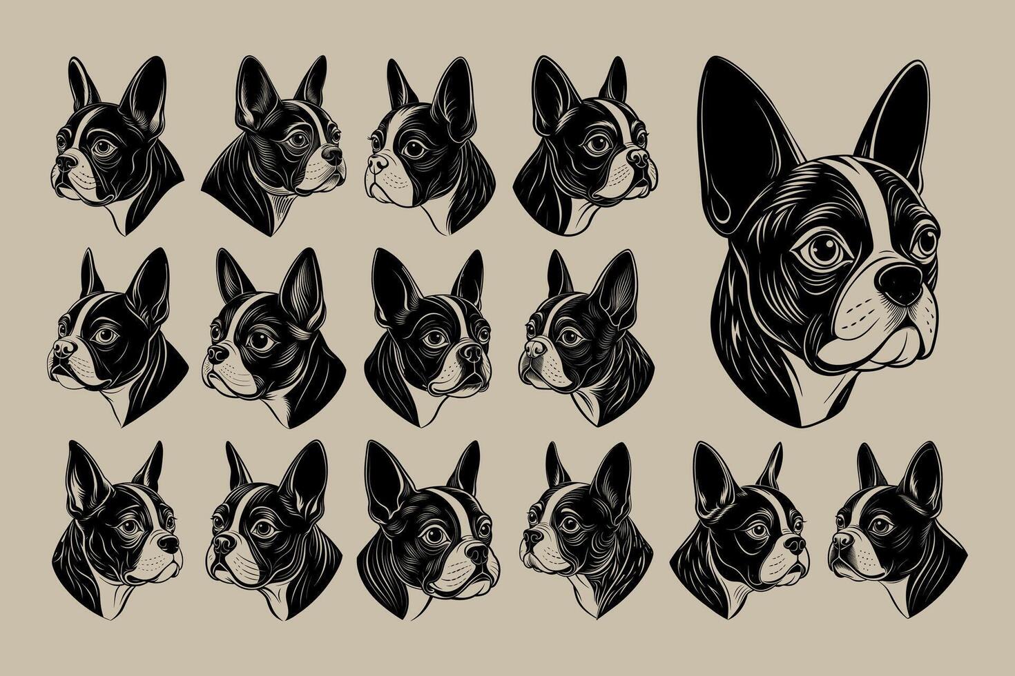 ai genererad sida se av platt boston terrier hund huvud tshirt design uppsättning vektor