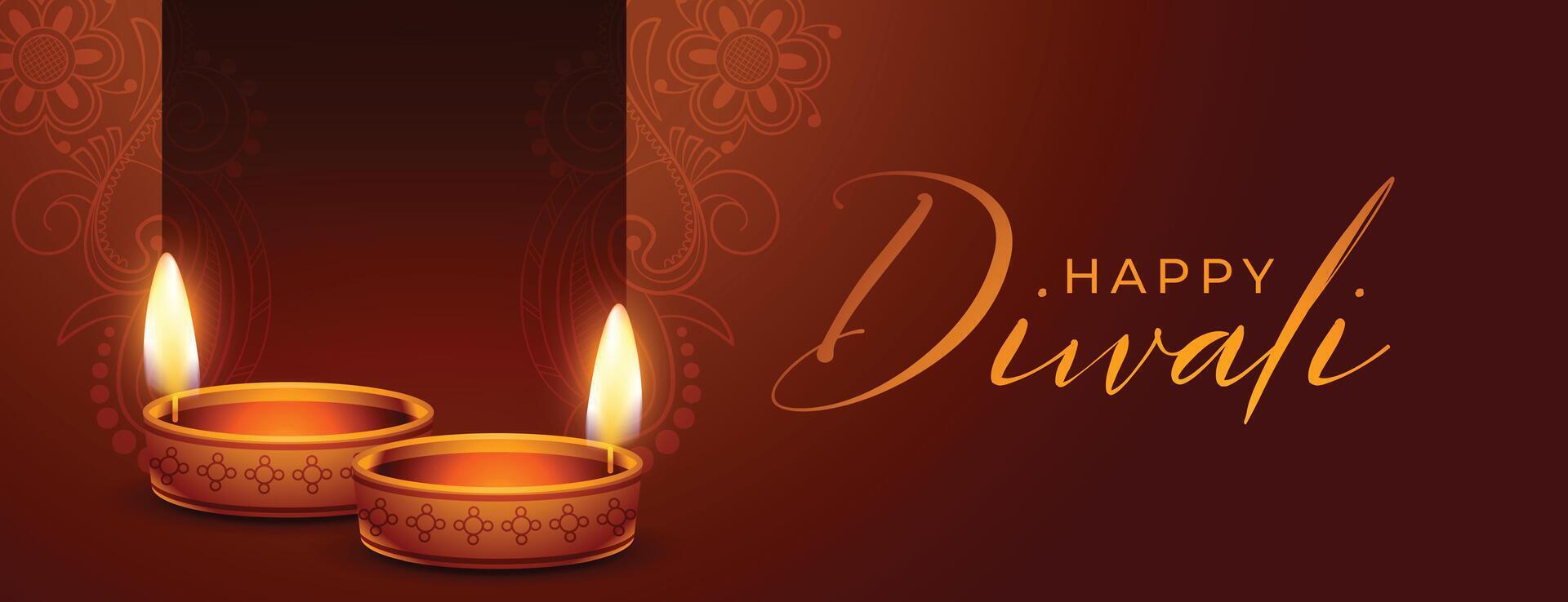 elegant Lycklig diwali baner med 3d olja diya i indisk stil bakgrund vektor illustration