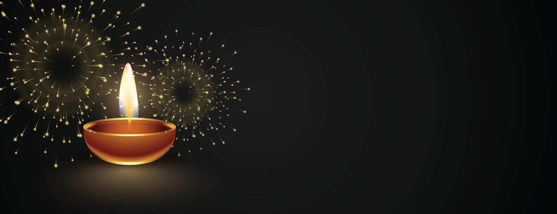 glücklich Diwali dunkel Banner mit Diya und Feuerwerk vektor