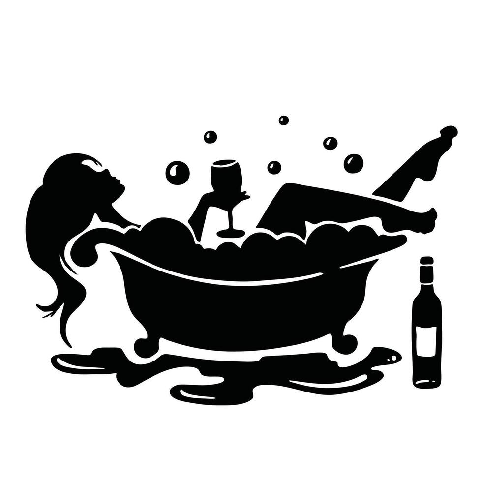 kvinna i bad med vin silhuett. vektor illustration