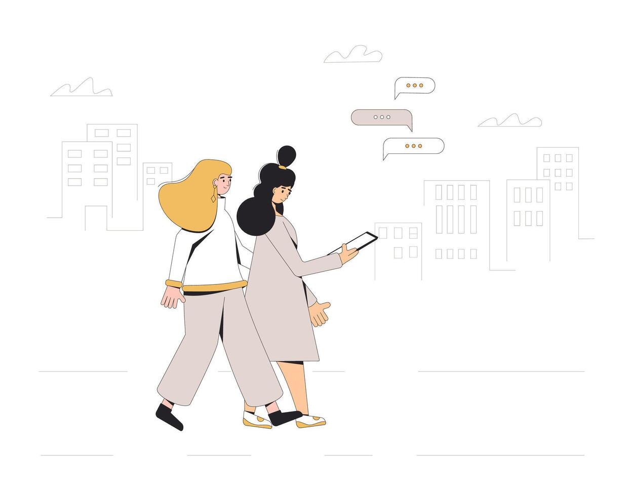 två tonåringar gående genom de gator tillsammans. ung kvinna vänner bär i tillfällig kläder med telefon. par. vektor linje illustration.
