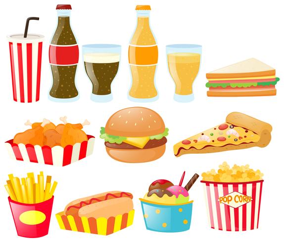 Fastfood satt med olika typer av mat och dryck vektor