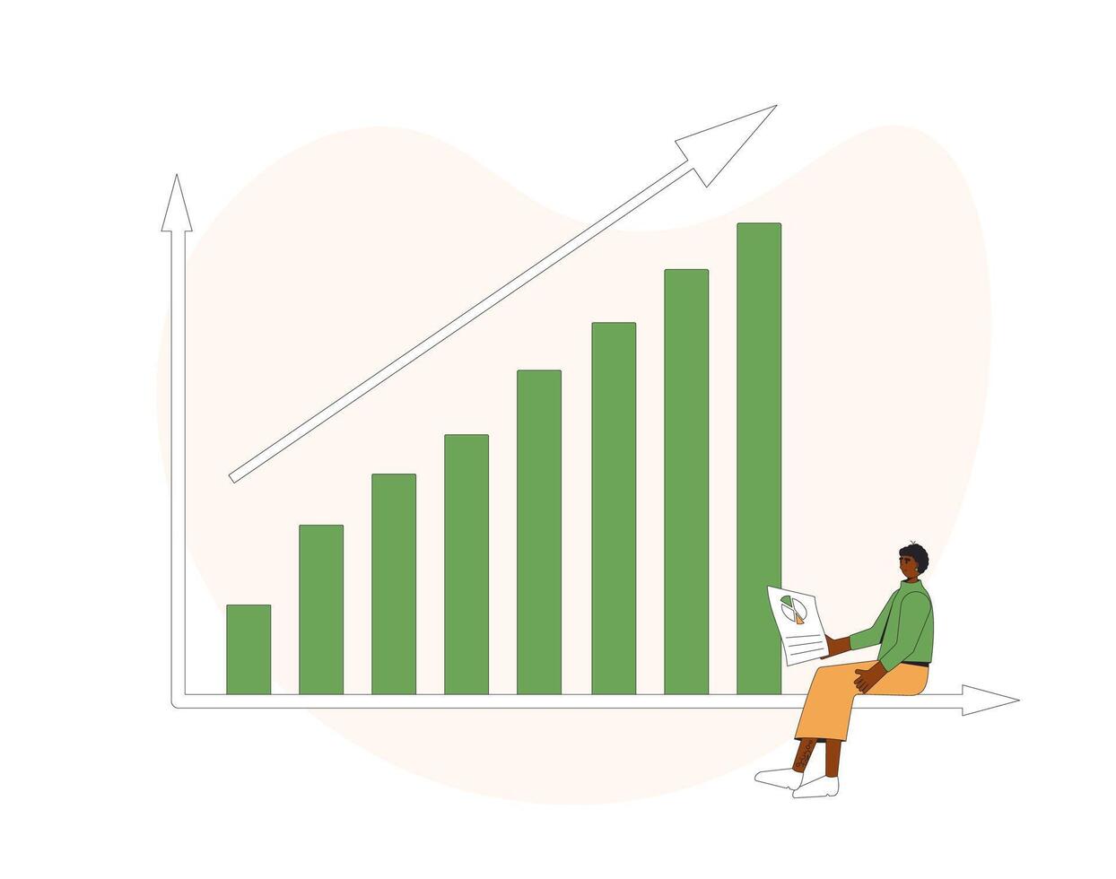 investering begrepp. ung kvinna med stock marknadsföra växande Graf. vektor linje konst illustration.