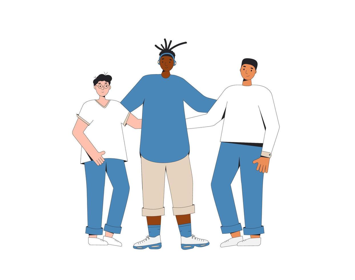 grupp av olika tonåringar stående tillsammans. ung manlig vänner bär i tillfällig kläder. Pojkar kramas varje Övrig. vektor linje illustration.