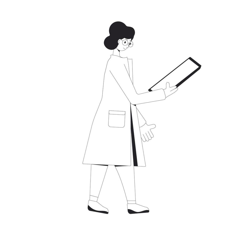 ung forskare. kvinna karaktär bär i medicinsk enhetlig stående med smartphone och tänkande handla om henne projekt isolerat på en vit. forskare läsning experimentera resultat. internera eller studerande. vektor