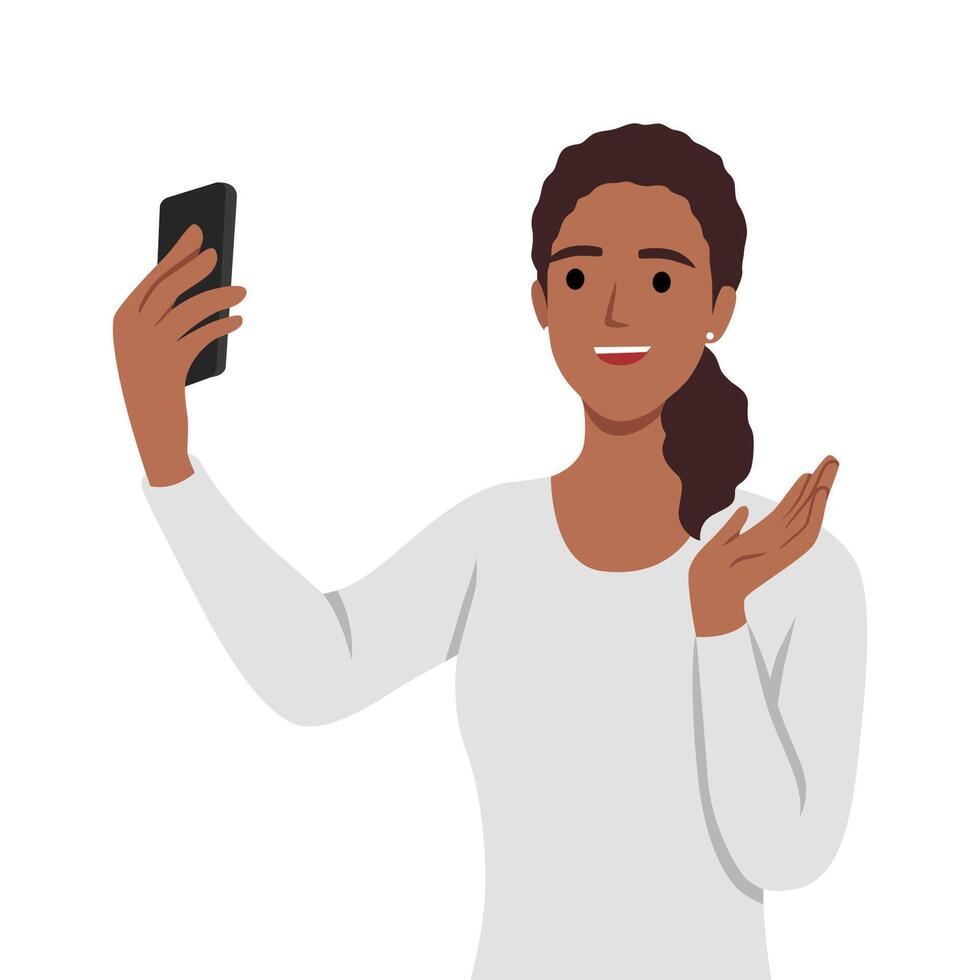 Lycklig kvinna talande video ring upp på smartphone och vinka med hand vektor