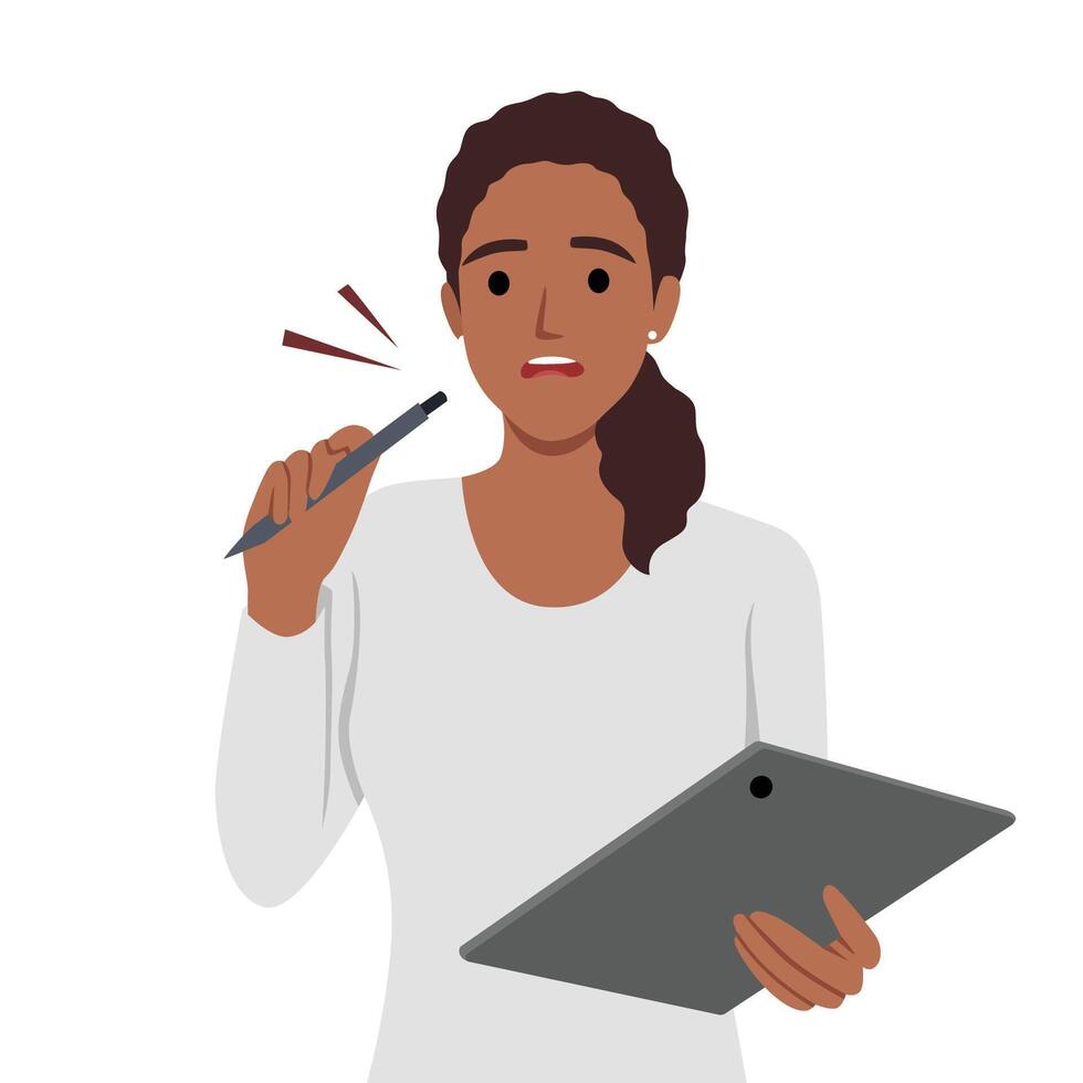 Frau mit ein berühren Pad Tablette tragbar Computer. jung Frau hält berühren Pad und denkt. besorgt Angst und erschrocken Emotion vektor