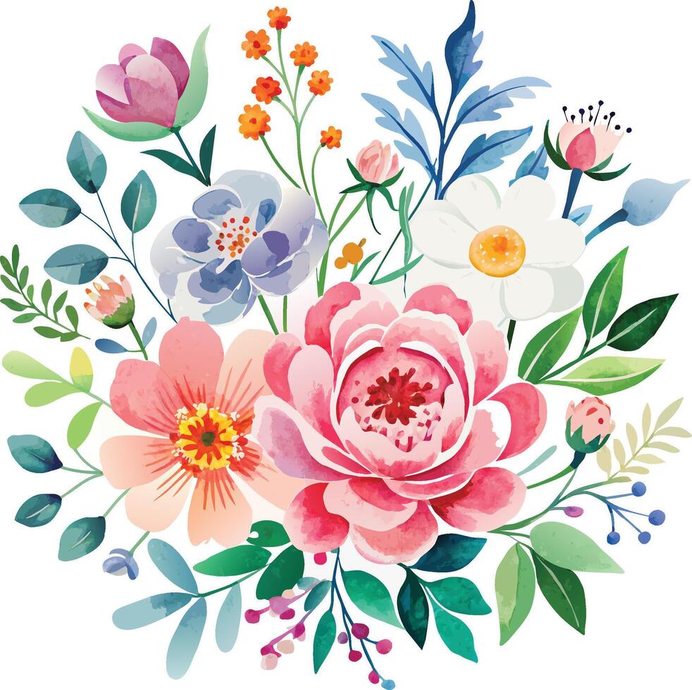 Aquarell Blumen- Strauß mit Blumen und Blätter. Vektor Illustration.