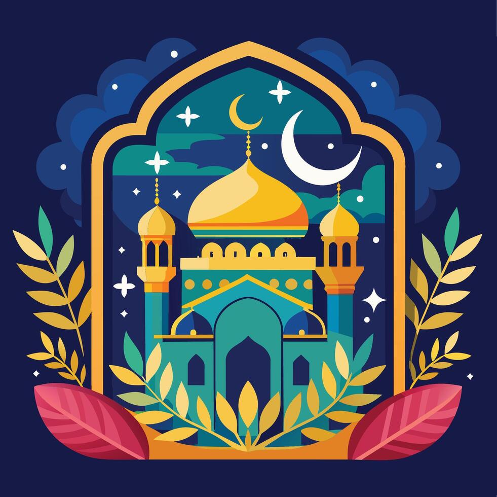 Moschee mit Halbmond Mond und Blätter Dekoration Vektor Illustration Design