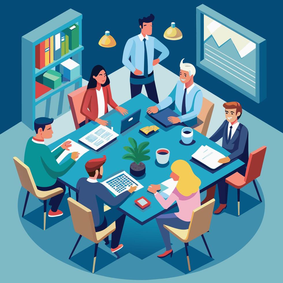 Geschäft Treffen isometrisch Konzept mit Geschäft Menschen im Treffen Zimmer Vektor Illustration