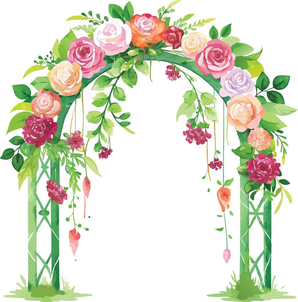 vattenfärg bröllop båge med blommor och grönska. vektor illustration.