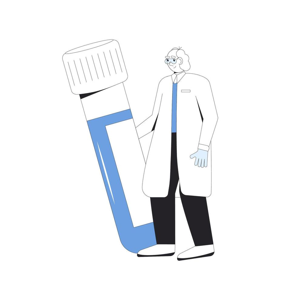reifen Wissenschaftler. männlich Charakter Stehen mit seine Flasche isoliert auf ein Weiß Hintergrund. Forscher mit Experiment Ergebnisse. phd von Biotech. Vektor Illustration.
