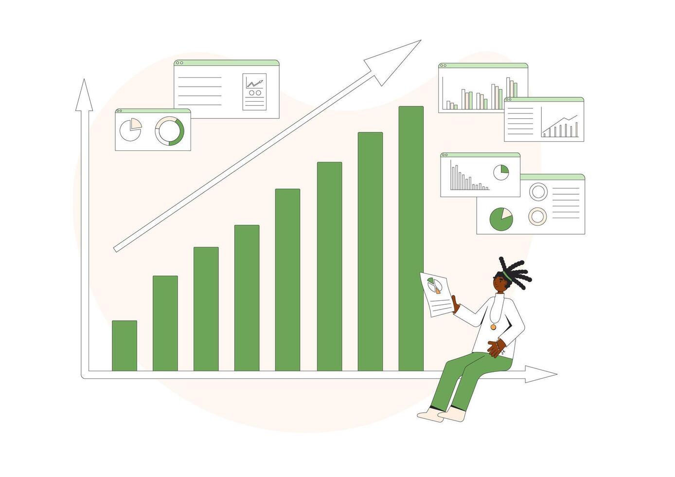 investering begrepp. ung africna amerikan kvinna med stock marknadsföra växande Graf. vektor linje konst illustration.