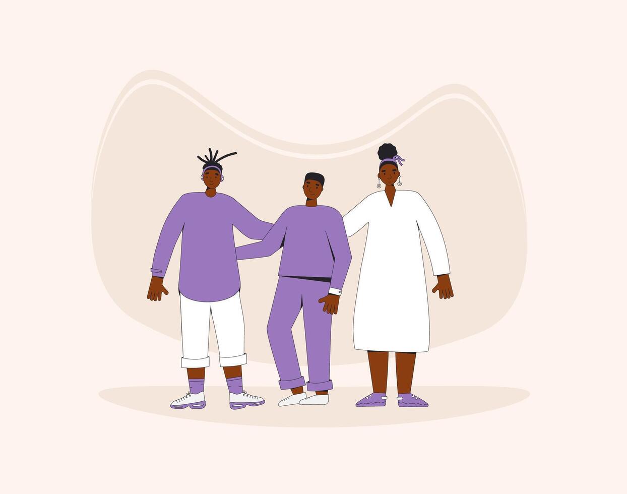grupp av afrikansk amerikan tonåringar stående tillsammans. ung kvinna och manlig vänner bär i tillfällig kläder. Pojkar och flicka. vektor linje illustration.