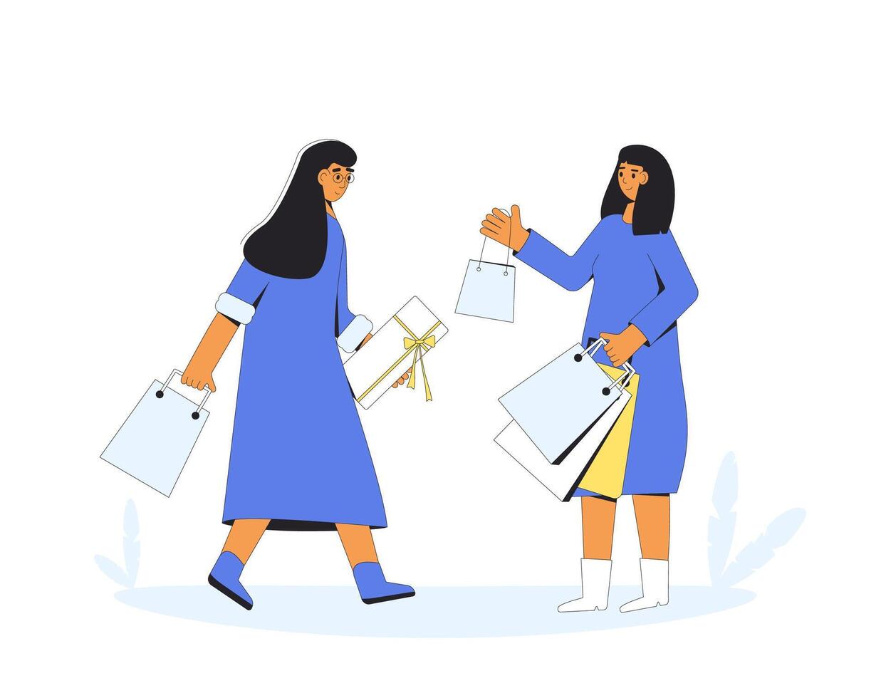zwei jung Zeichen mit Einkaufen Taschen. weiblich Personen Stehen zusammen und halten ihr Einkäufe. vektor