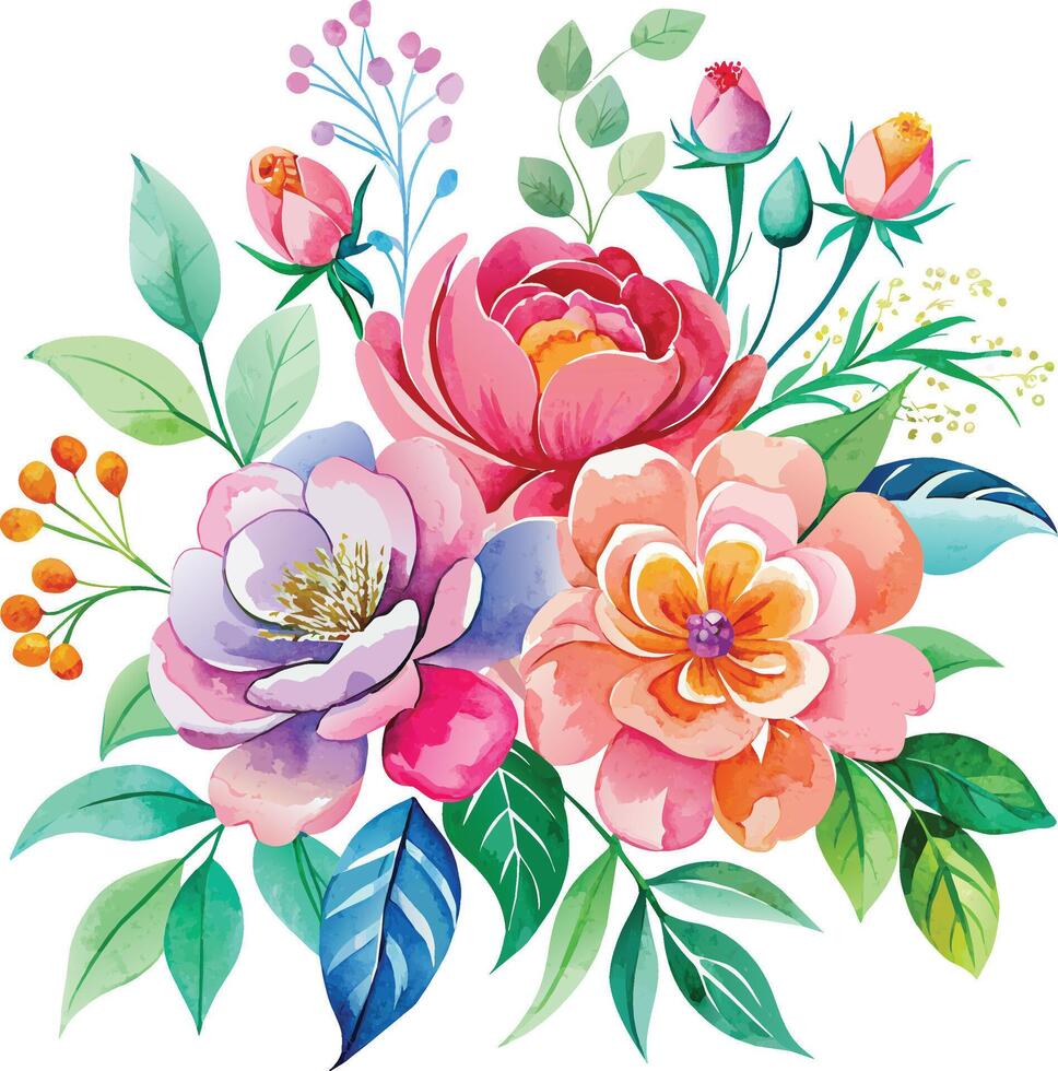 schön Aquarell Vektor Blumen- Strauß mit Rosen, Pfingstrosen und Blätter