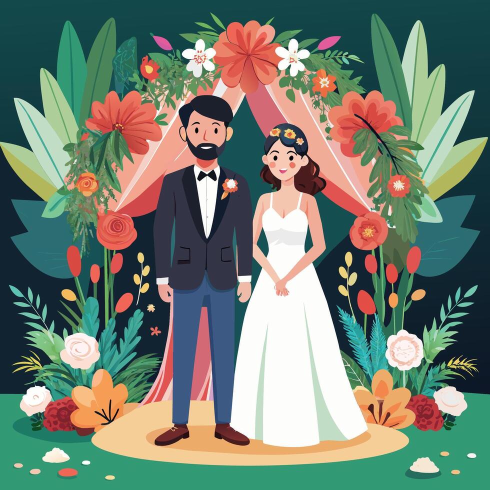Hochzeit Paar im das Garten mit Blumen. Vektor Illustration. Grafik Design
