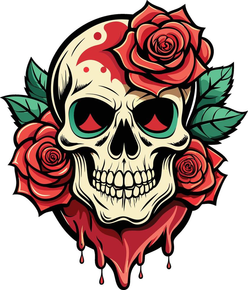 Schädel mit Rosen und Blut. Vektor Illustration auf Weiß Hintergrund. Jahrgang