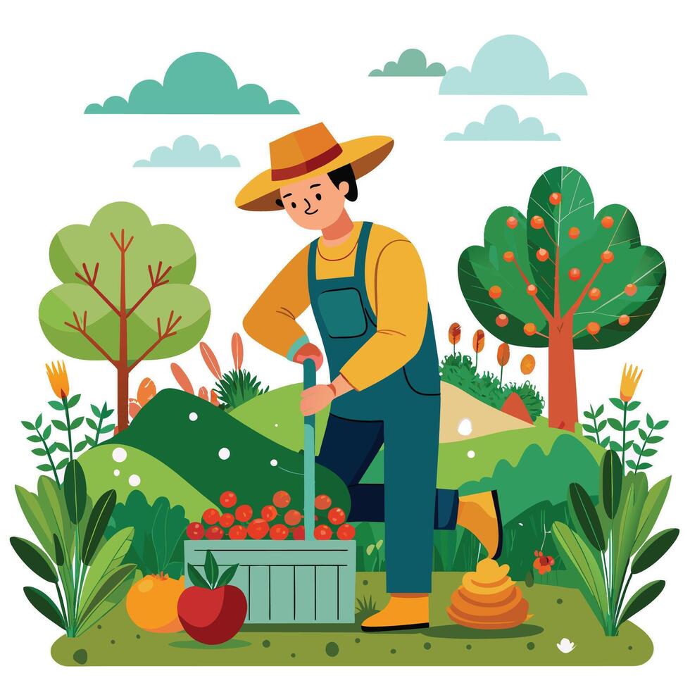jordbrukare arbetssätt i de trädgård. trädgårdsarbete och jordbruk vektor illustration.