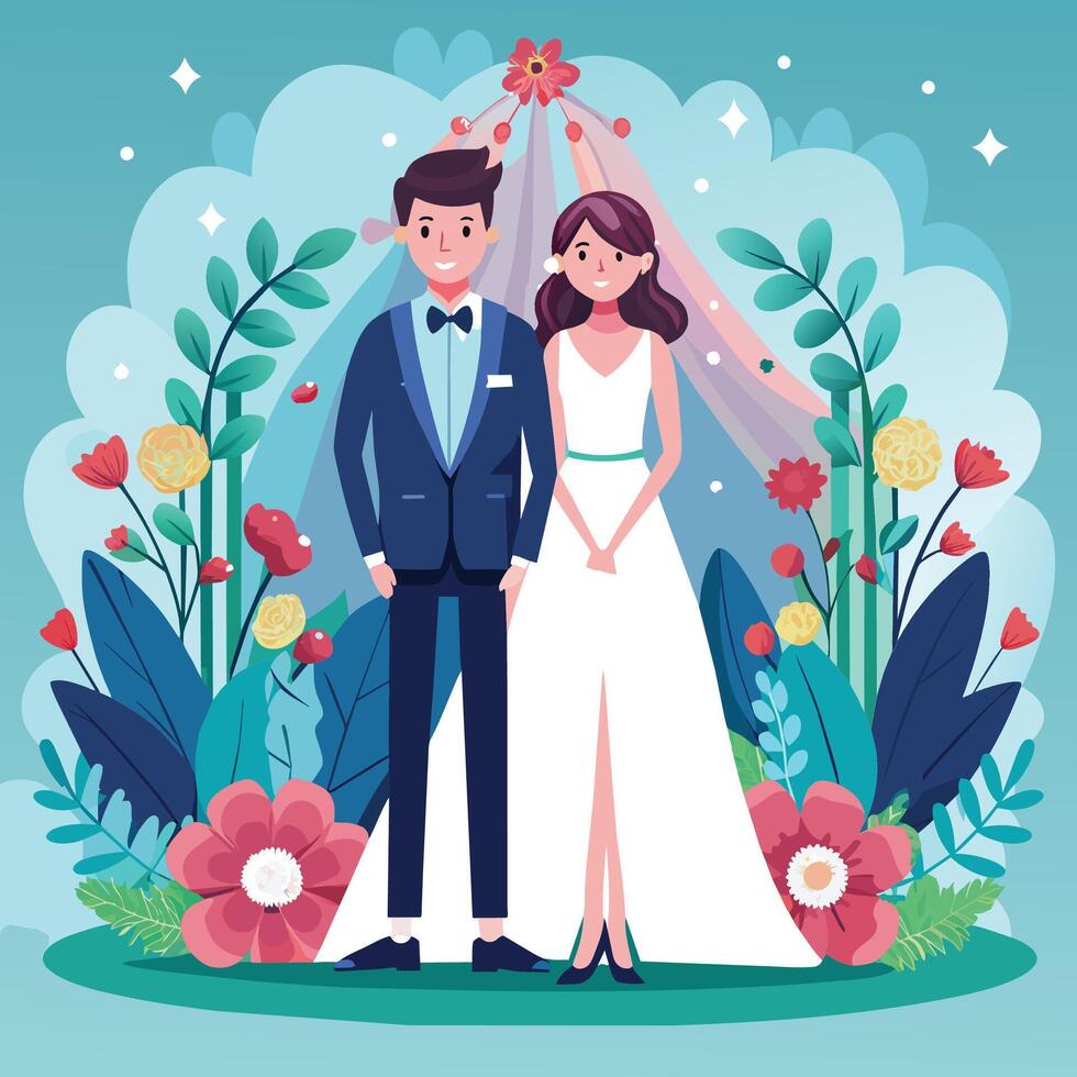 Hochzeit Paar mit Blumen und Pflanzen Vektor Illustration Design