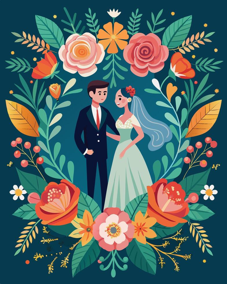 bröllop inbjudan kort. brud och brudgum i blommig krans. vektor illustration