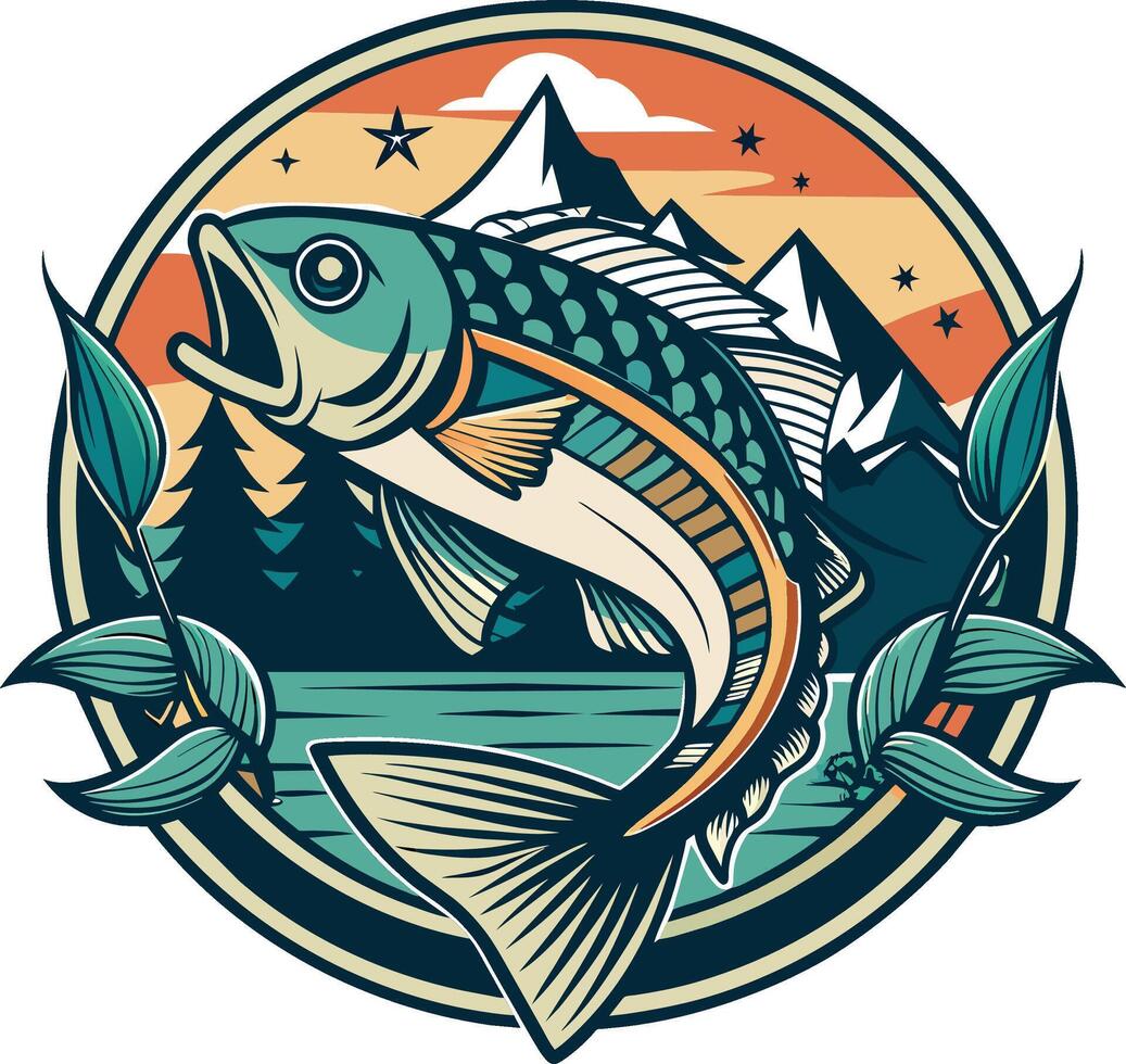 Illustration von ein Forelle Fisch mit Berge im das Hintergrund im retro Stil. vektor