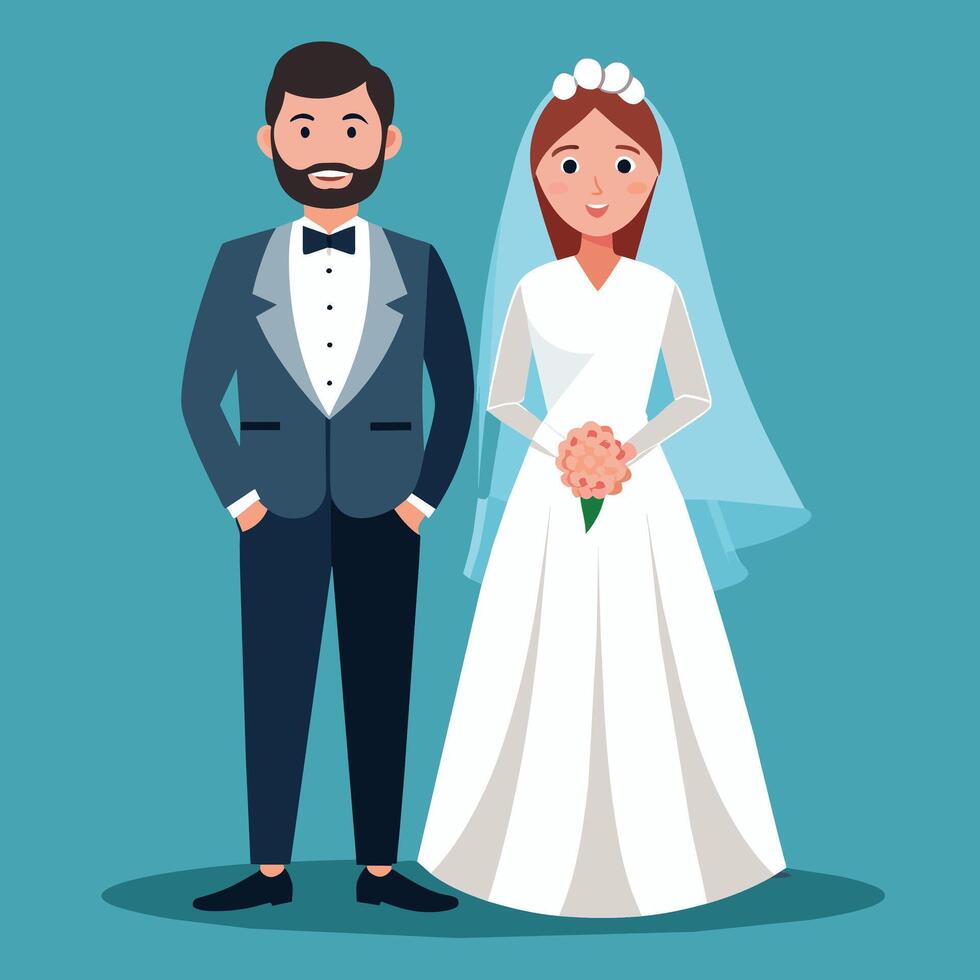 Hochzeit Paar Karikatur Design, Vektor Illustration eben Stil Blau Hintergrund