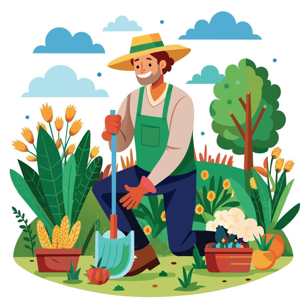 Gärtner Arbeiten im das Garten. Vektor Karikatur Illustration.
