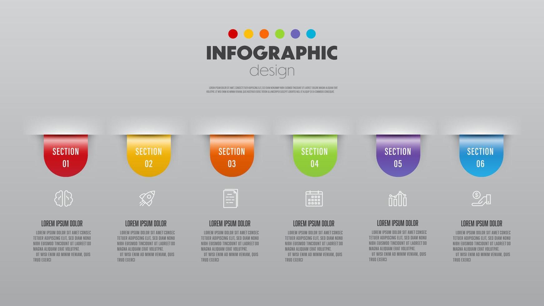 Vektor bunt Infografik Design Elemente Symbole, und Geschäft Konzept Diagramme mit 6 Optionen, bandförmig und vereinbart worden mögen ein Diagramm.