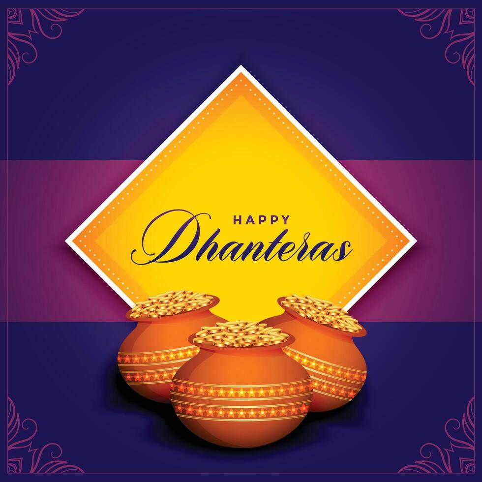 glücklich Dhanteras Festival Karte mit golden Münzen Topf vektor