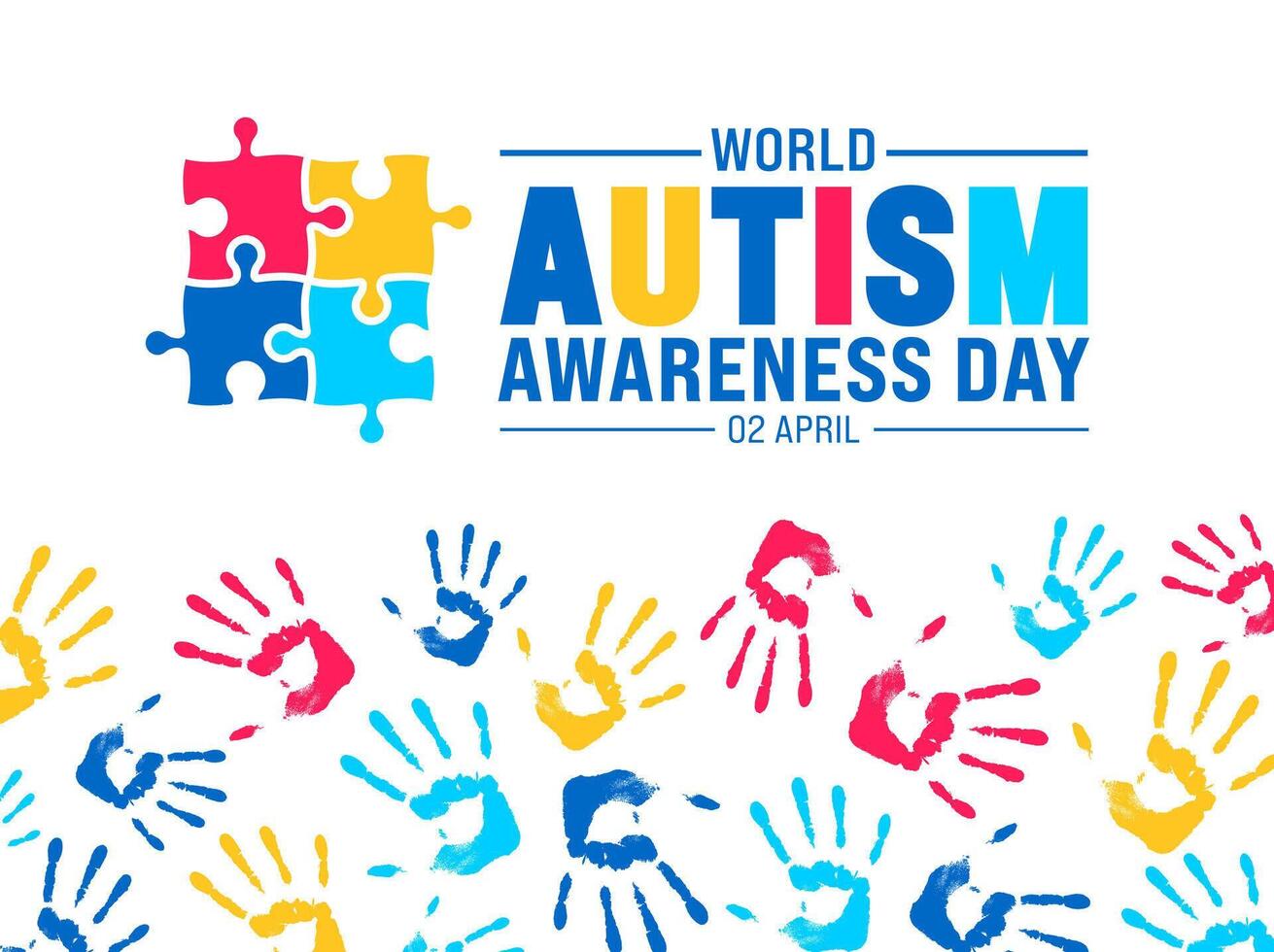 2 april värld autism medvetenhet dag färgrik pussel baner design mall. autism medvetenhet dag färgrik barn höjning hand bakgrund design mall. vektor