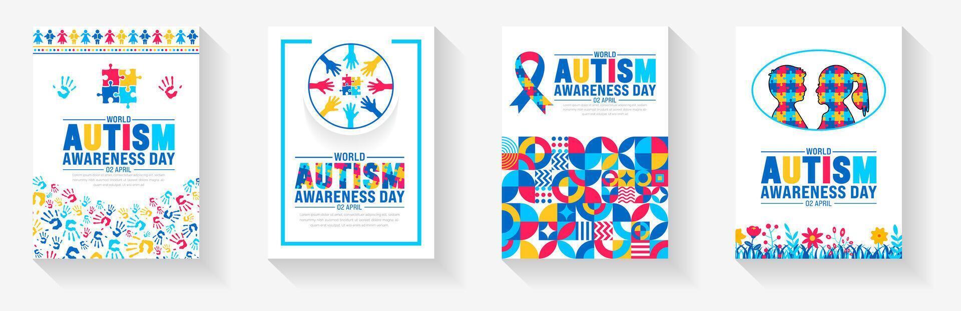 2 april värld autism medvetenhet dag bok omslag design uppsättning. autism medvetenhet dag baner eller bakgrund bunt med pussel bit, barn höjning hand, barn hand, band, kärlek ikon, barn flicka, pojke vektor. vektor