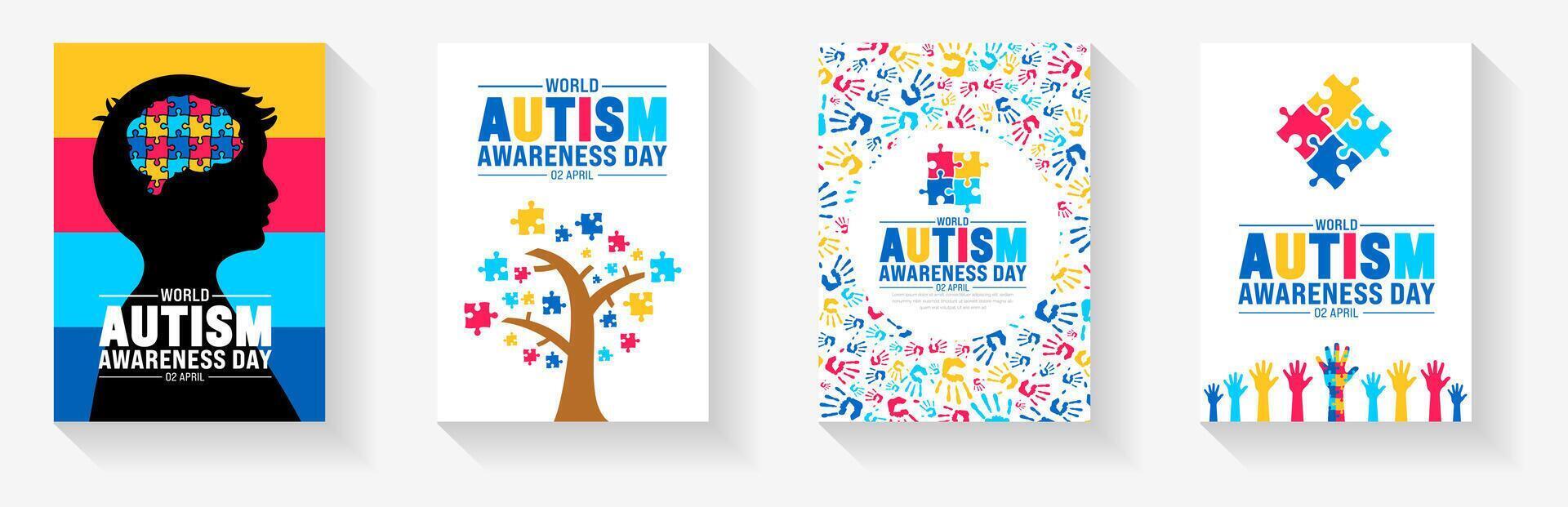 2 april värld autism medvetenhet dag bok omslag design uppsättning. autism medvetenhet dag baner eller bakgrund bunt med pussel bit, barn höjning hand, barn hand, band, kärlek ikon, barn flicka, pojke vektor. vektor