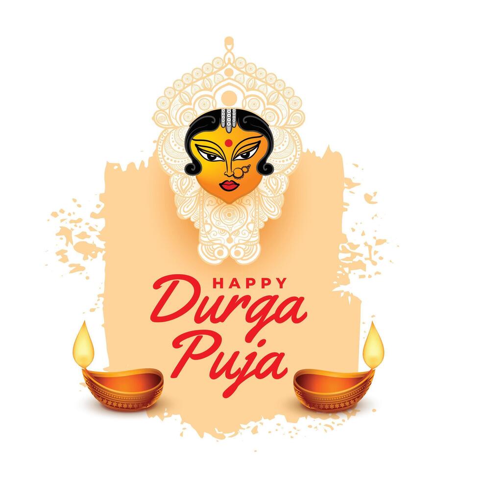 Lycklig durga puja hälsning bakgrund med diya och gudinna ansikte design vektor