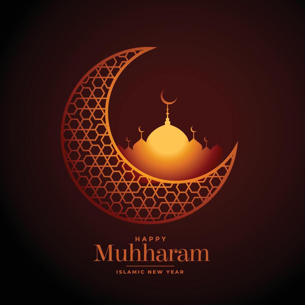 lysande moské och måne Muharram festival lyckönskningar kort vektor