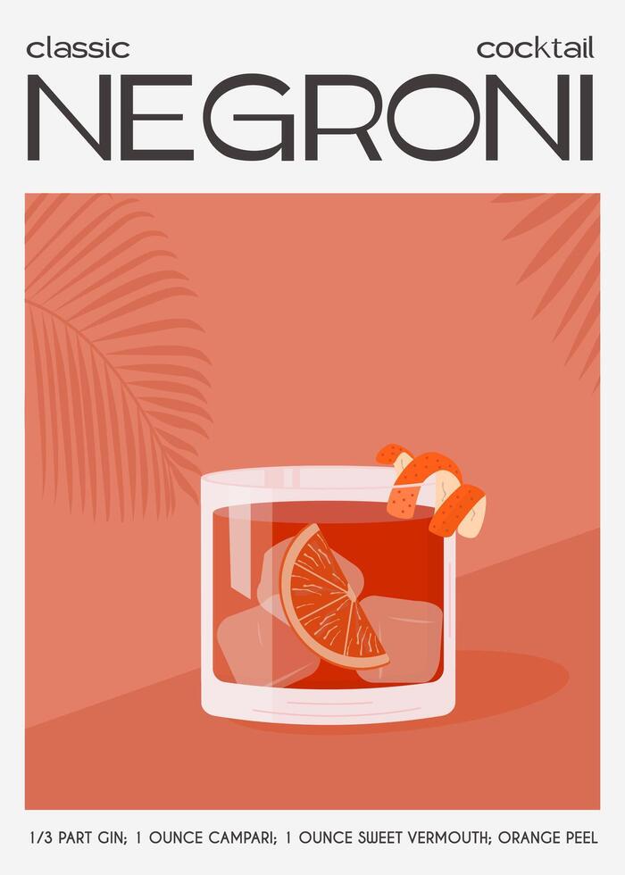 negroni cocktail i gammal fashioned glas med is. sommar italiensk aperitif retro affisch. elegant skriva ut, vägg konst med alkoholhaltig dryck dekorerad med orange skala och citrus- träd på bakgrund. vektor