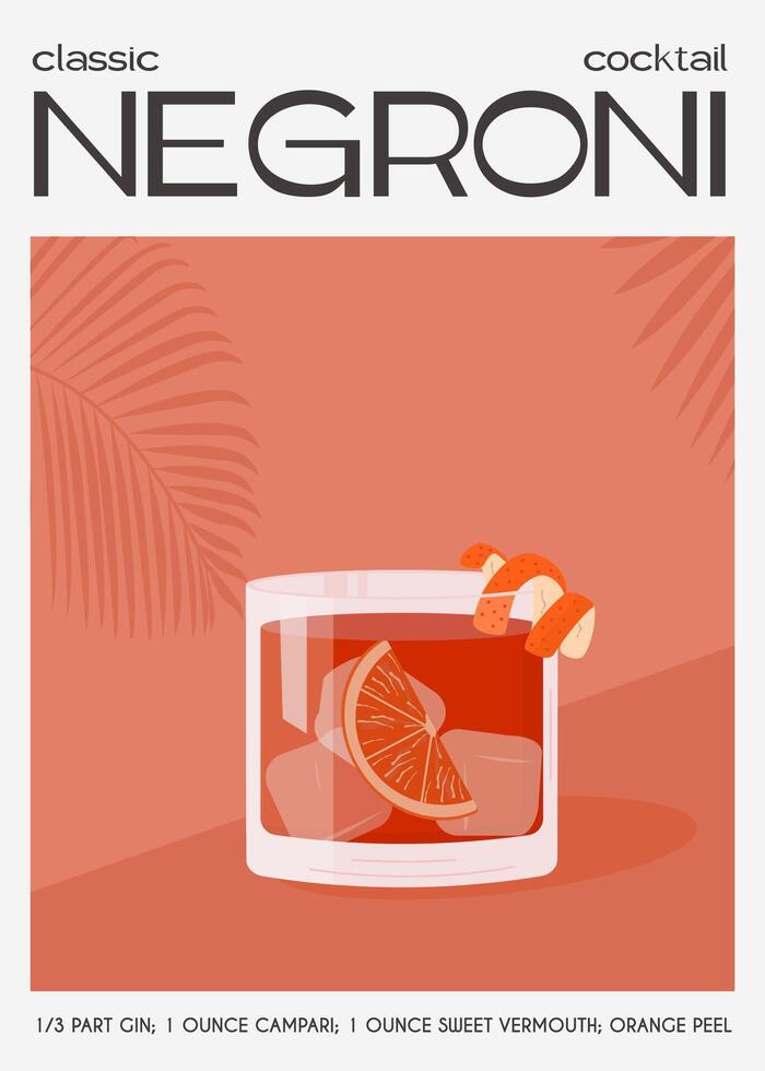 Negroni Cocktail im alt gestaltet Glas mit Eis. Sommer- Italienisch Aperitif retro Poster. elegant drucken, Mauer Kunst mit alkoholisch Getränk dekoriert mit Orange schälen und Zitrusfrüchte Baum auf Hintergrund. Vektor