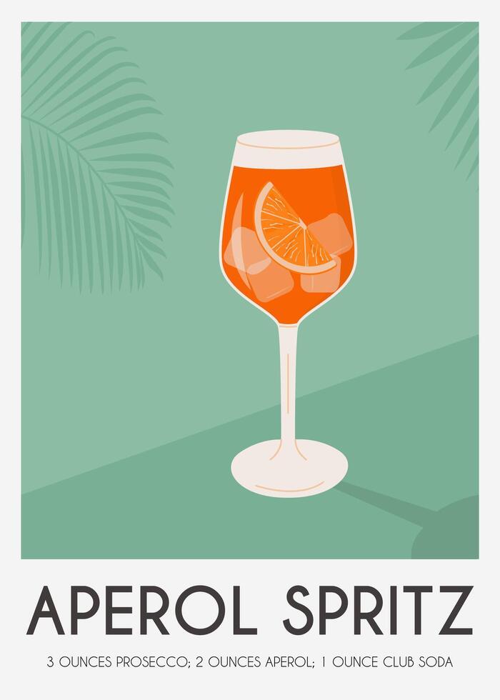 aperol spritz cocktail i glas med is och skiva av orange. sommar italiensk aperitif retro affisch. vägg konst med alkoholhaltig dryck dekorerad med orange kilar och citrus- träd på bakgrund. vektor. vektor