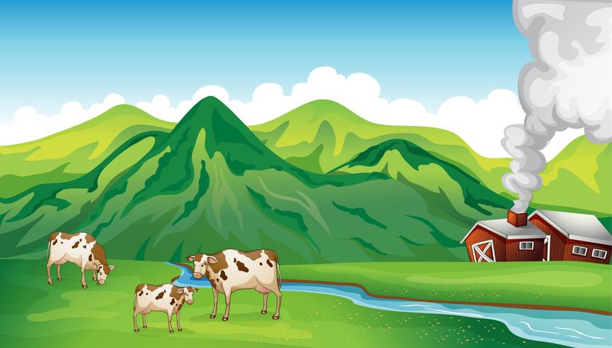 Ein Bauernhaus und Kühe vektor