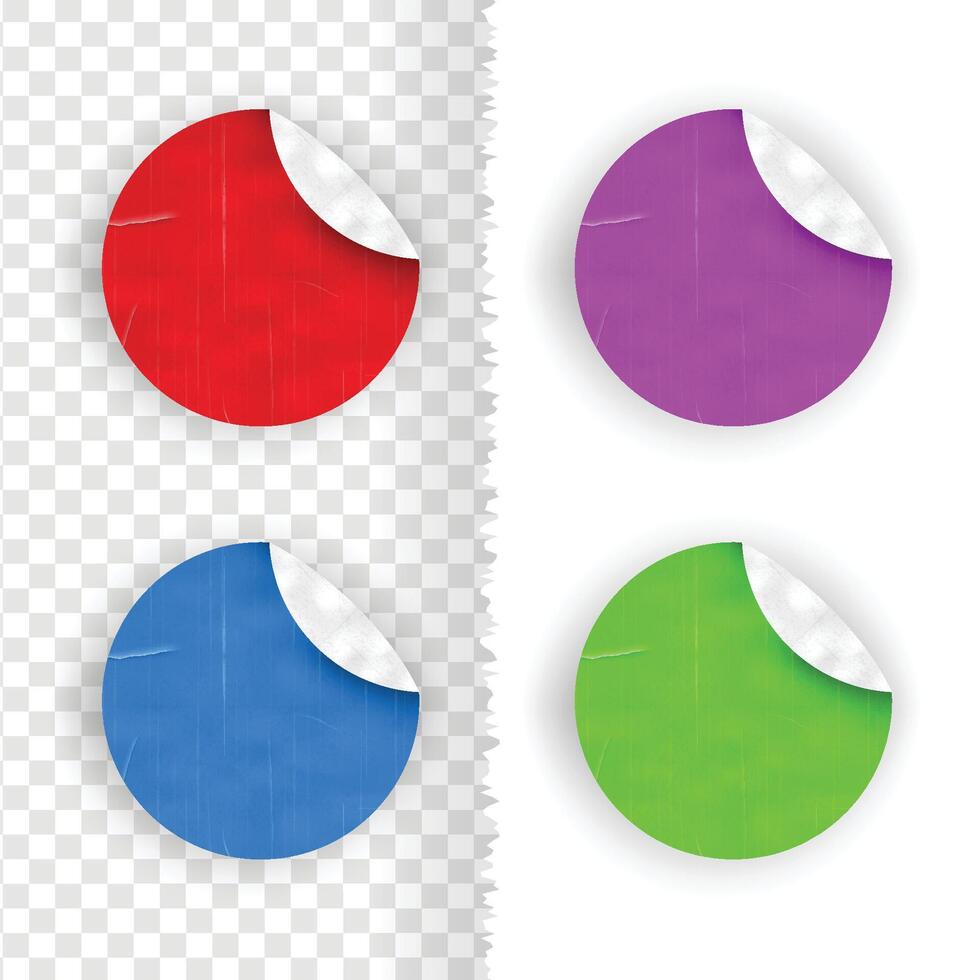 papper realistisk bricka eller baner eller cirkel taggar med peeling hörn färgrik taggar falsk Posten, papper runda klistermärken och skugga isolerat i vit bakgrund vektor