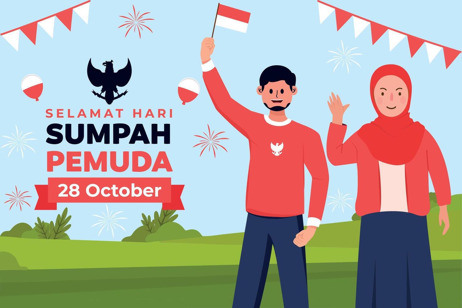 sumpah pemuda indonesien indonesiska fester dag illustration vektor baner och posta design, sumpah pemuda fester dag klämma konst uppsättning. indonesiska frihet oberoende patriotism mall.