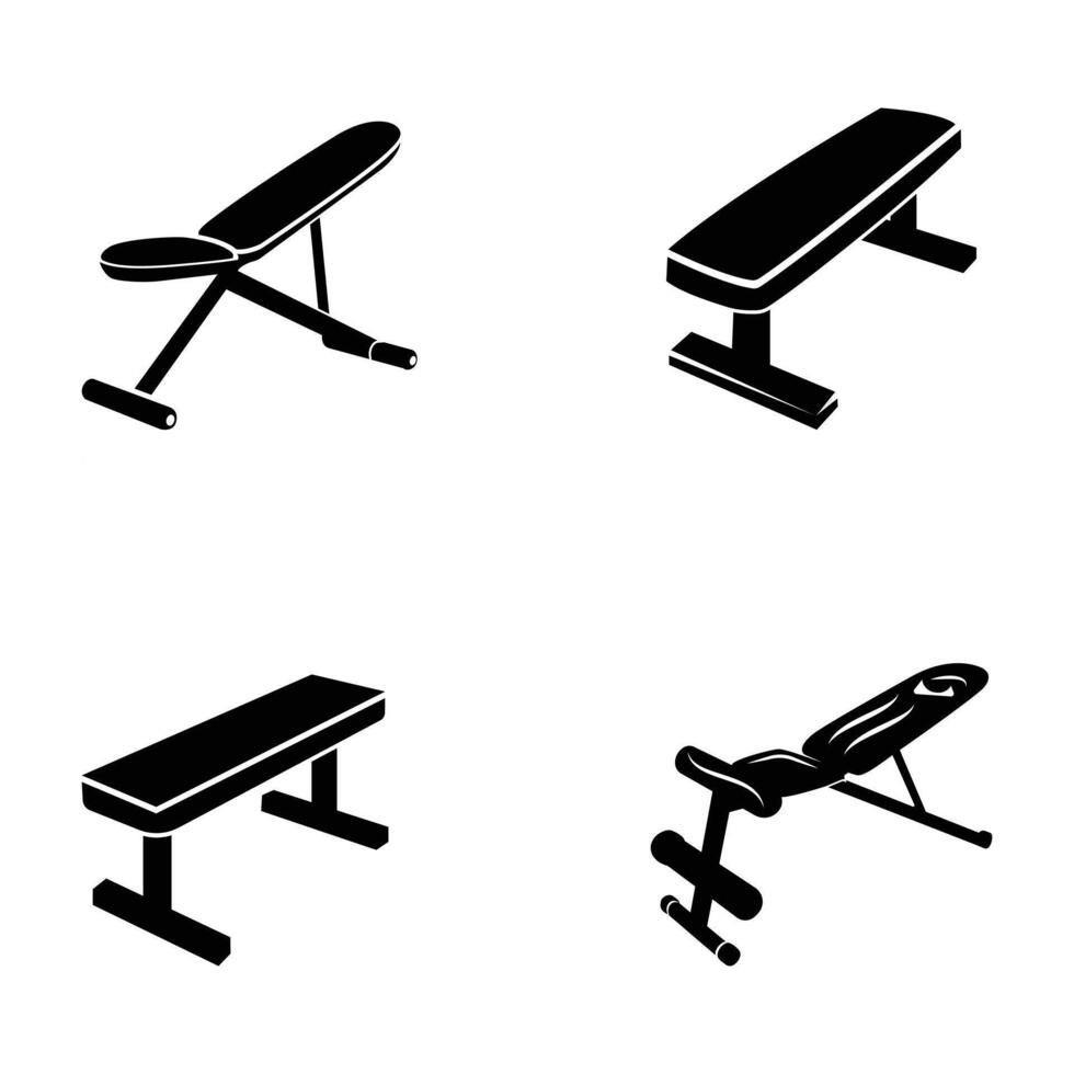 vikt bänk illustration Gym uppsättning, vikt bänk bänk Träning kroppsbyggare silhuett, hantel träna friska tyngdlyftning. vektor