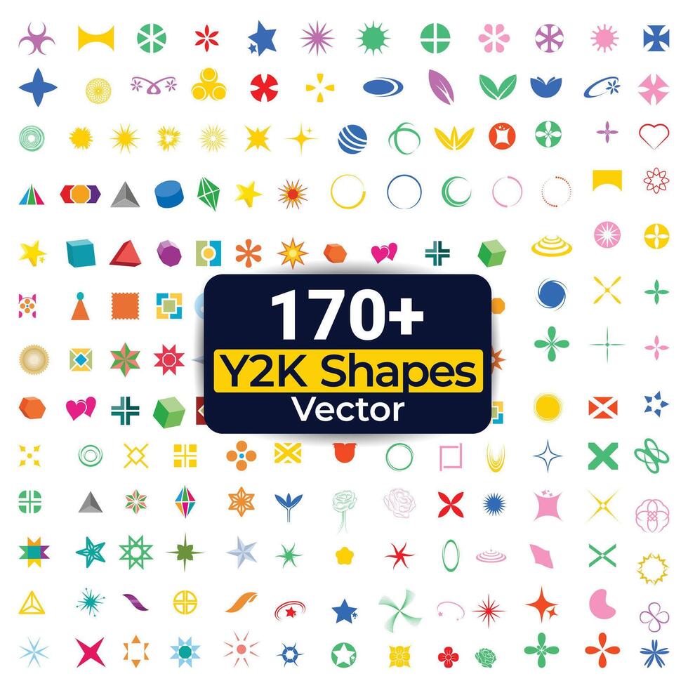 y2k form vektor illustration klämma konst element stor uppsättning, y2k form mest bunt, y2k form stjärna grafisk geometri klistermärke skinande retro illustration. y2k form silhuett ikon uppsättning.
