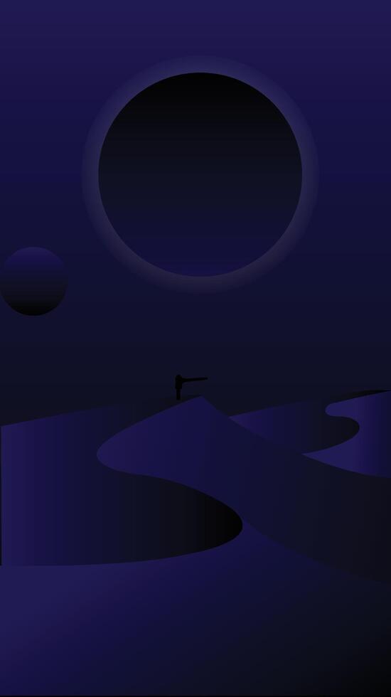 Blau Nacht Wüste mit Mond und sternenklar Himmel. Sand Dünen, Bäume, spärlich Vegetation beim Mondlicht Wildnis. abstrakt Natur Landschaft. Vektor Illustration von Netz Banner