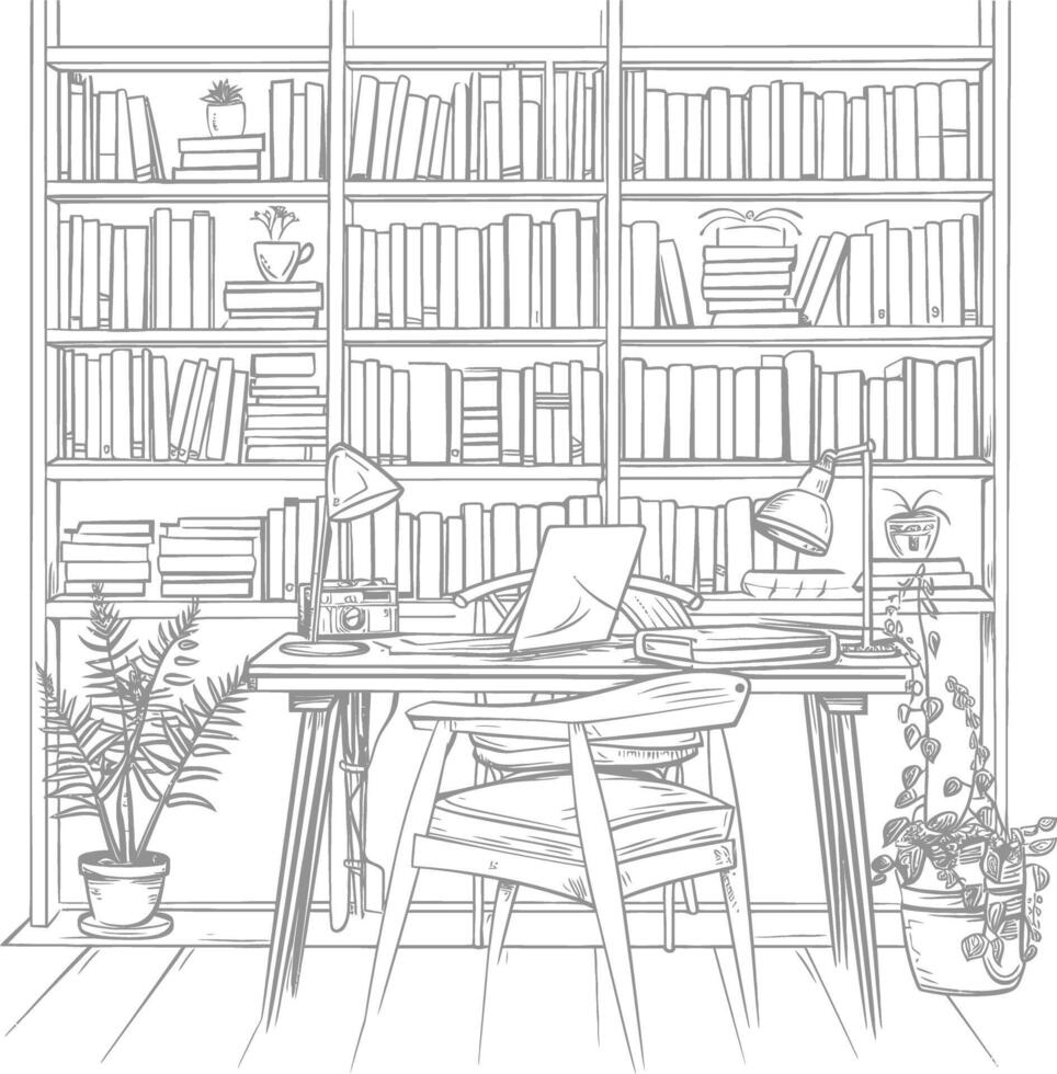 ai generiert Gliederung Illustration zum das Studie Zimmer hat Bücherregale und viele Buch im Dort vektor