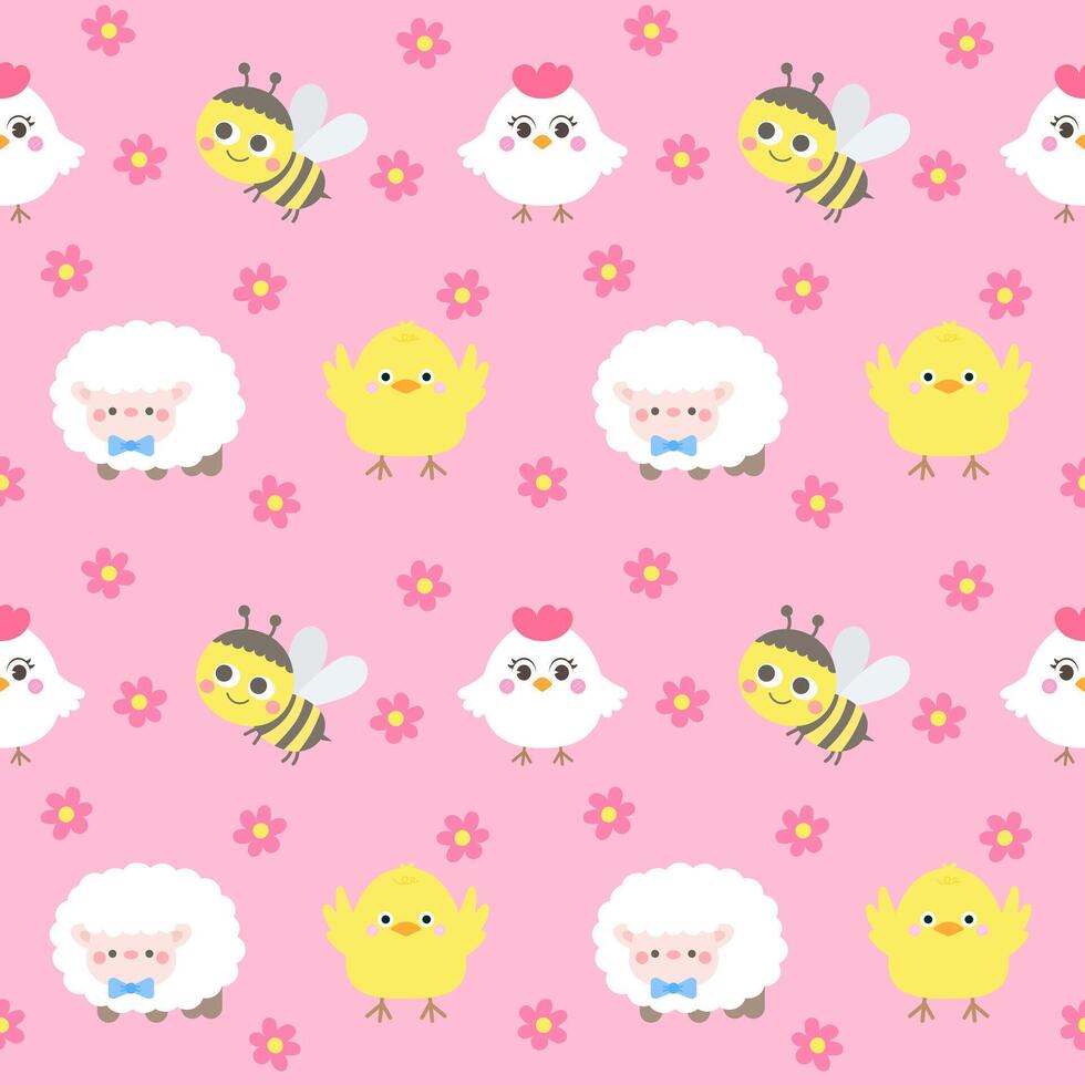 Hallo Frühling Tiere nahtlos Muster süß Schaf Küken Biene Blumen- Hand gezeichnet Hintergrund Vektor Illustration