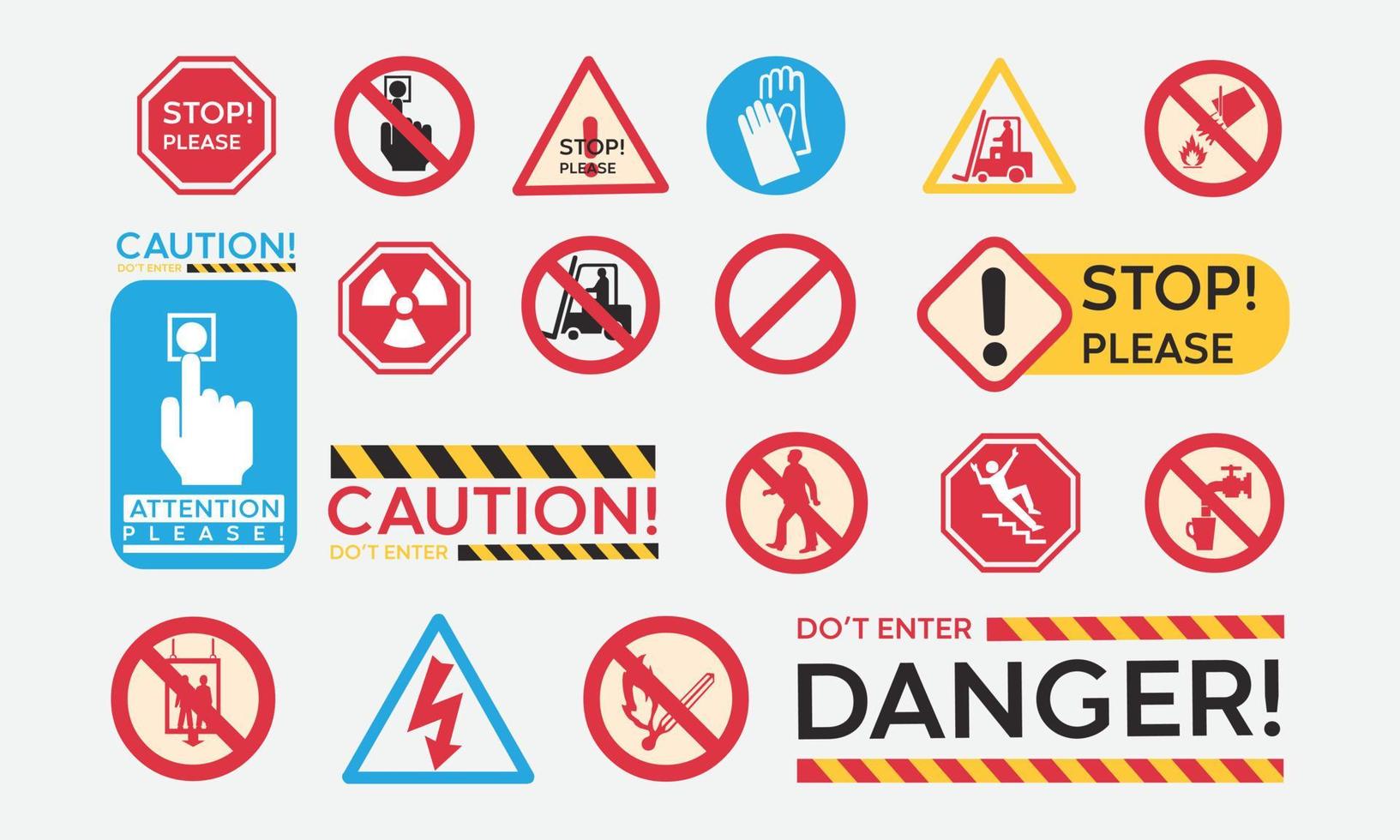 Aufmerksamkeitstafeln Einlasssymbole stoppen Hand, Verkehrsstopp eingeschränkt und gefährlicher Vektor